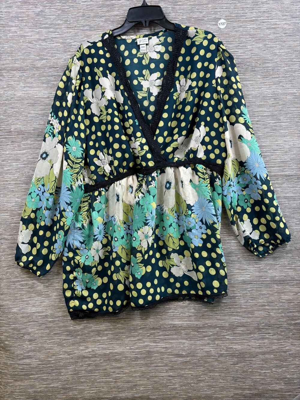 Venezia Floral Tunic Top Womens Size 22/24 Green Polka Dot Boho Long Sleeve